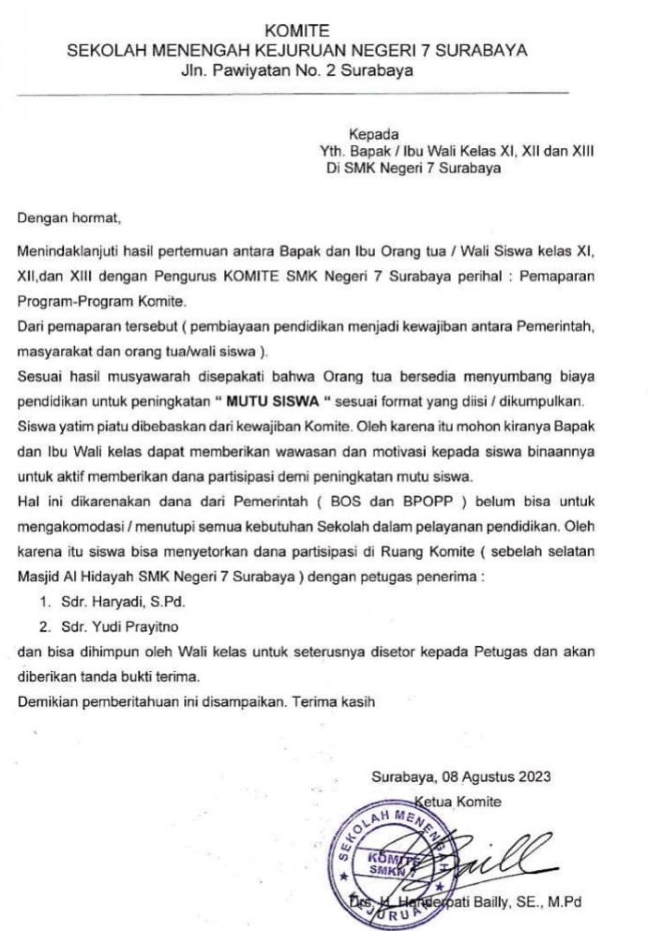 Beredar Surat Komite SMKN 7 Surabaya Terkait Sumbangan Biaya Pendidikan Untuk Peningkatan "MUTU SISWA"