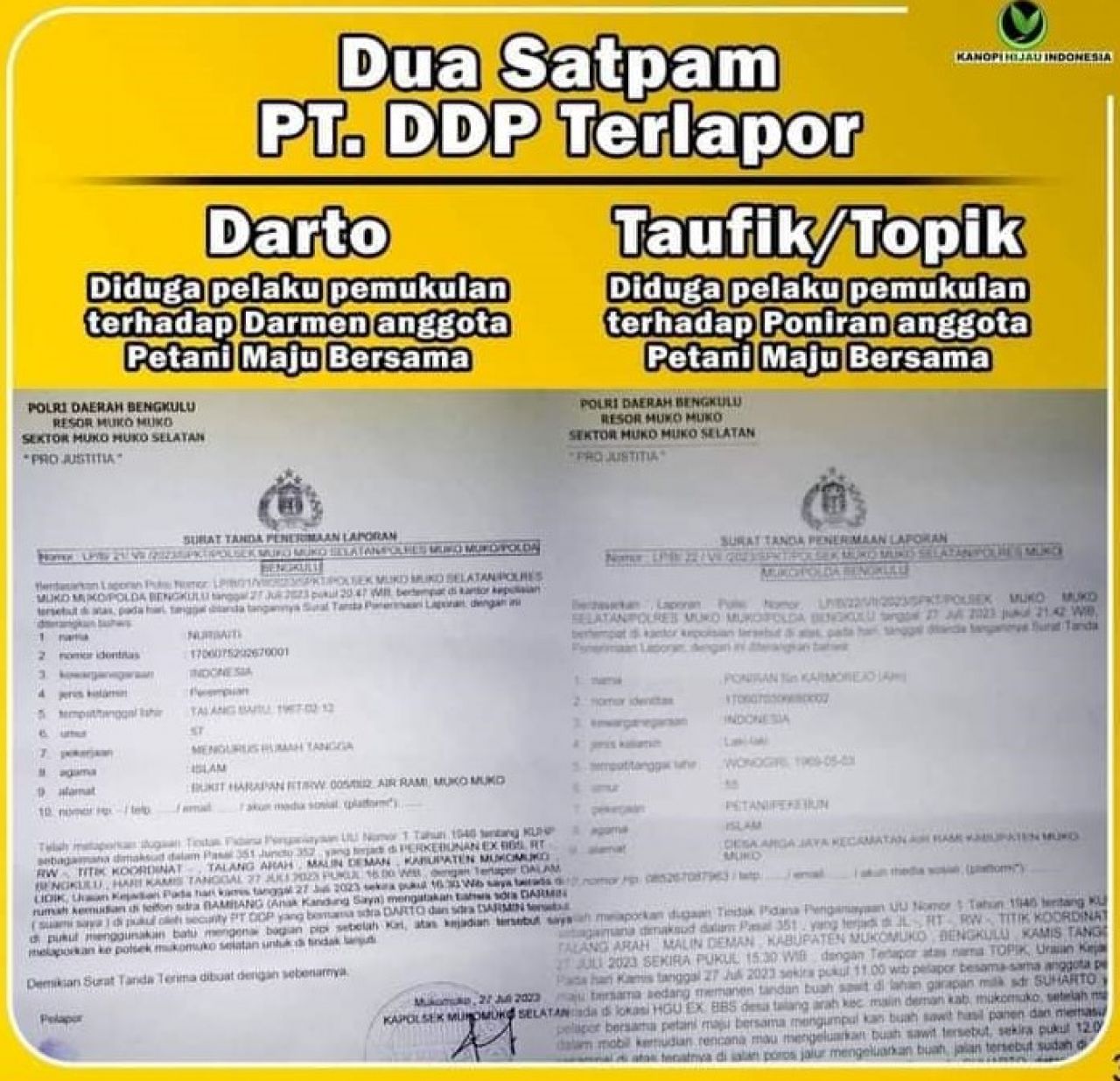2 Oknum Satpam PT. DDP Diduga Memukul Anggota Petani Maju Bersama di Kabupaten Mukomuko