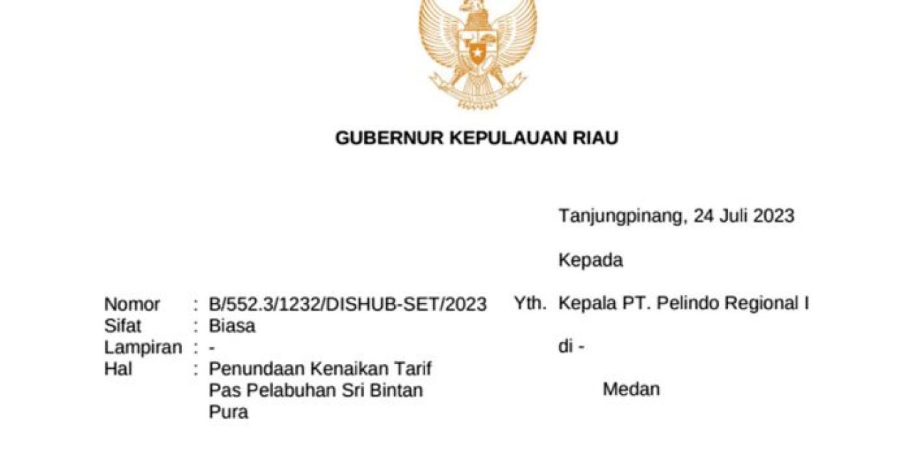 Gubernur Kepri Surati Pelindo Minta Tunda Kenaikan Pas Pelabuhan
