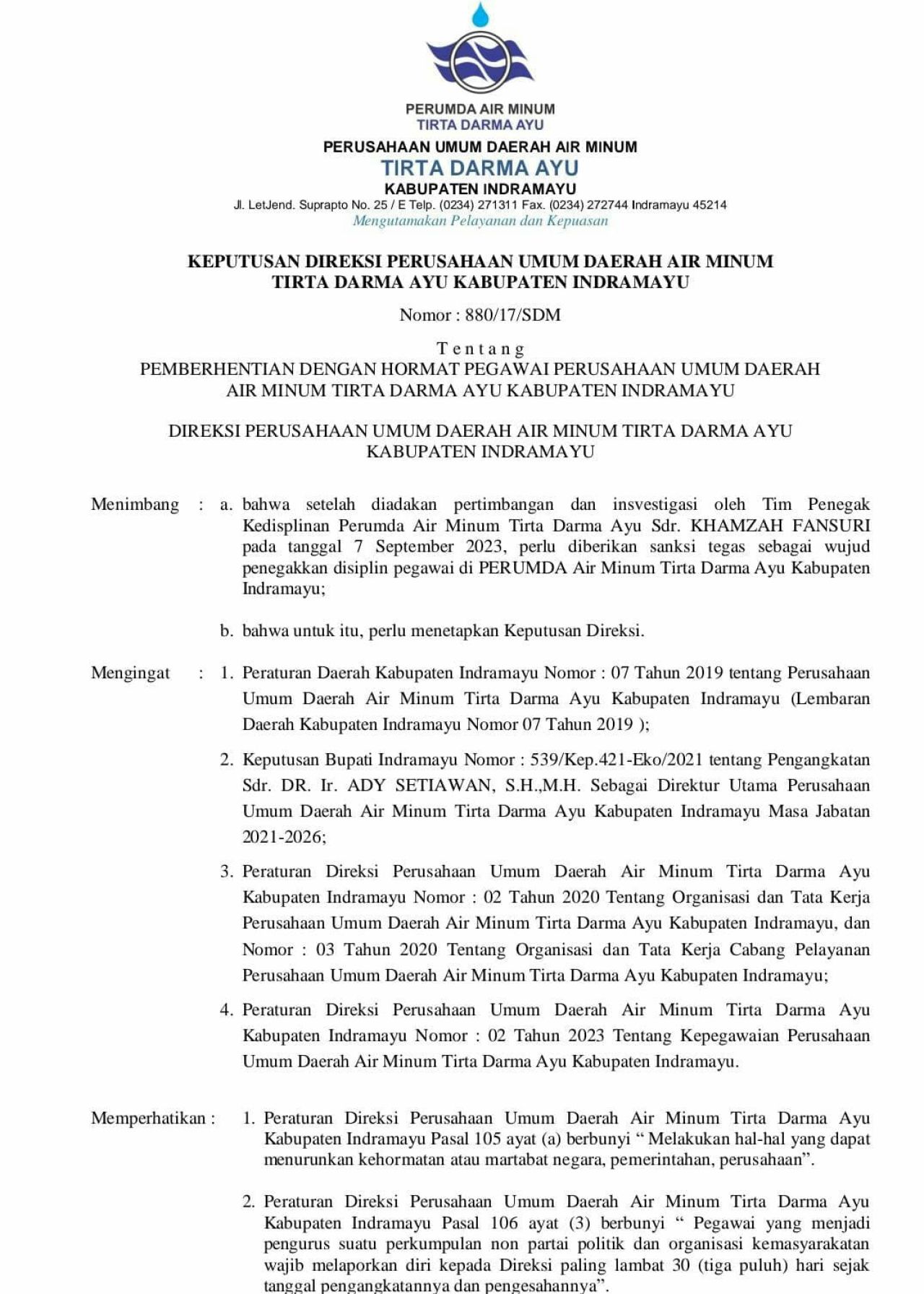 Dituding Melanggar Kode Etik, Dirut Perumdam Tirta Darma Ayu Pecat Hamzah Fansuri