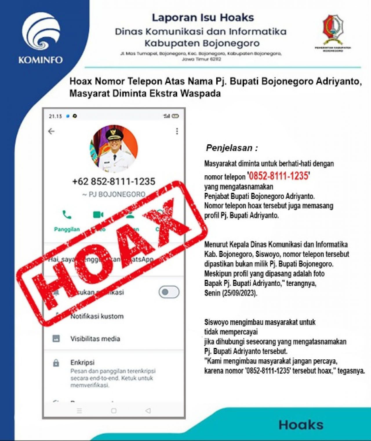 Hoax Nomor Telepon Mengatasnamakan Pj. Bupati Bojonegoro Adriyanto, Masyarat Diminta Ekstra Waspada