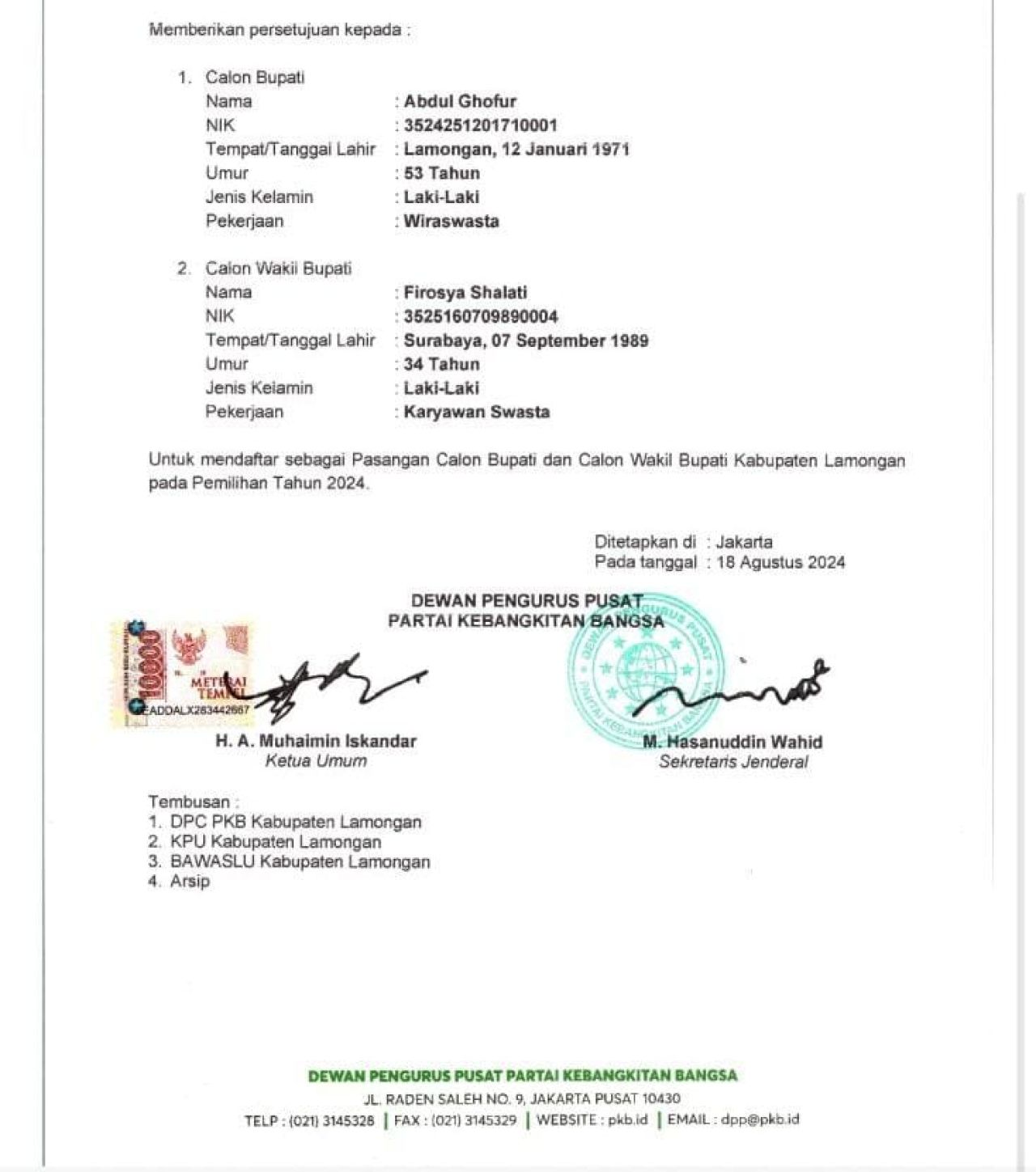 DPP PKB Resmi Usung Abdul Ghofur – Firosya Shalati di Pilkada Lamongan 2024