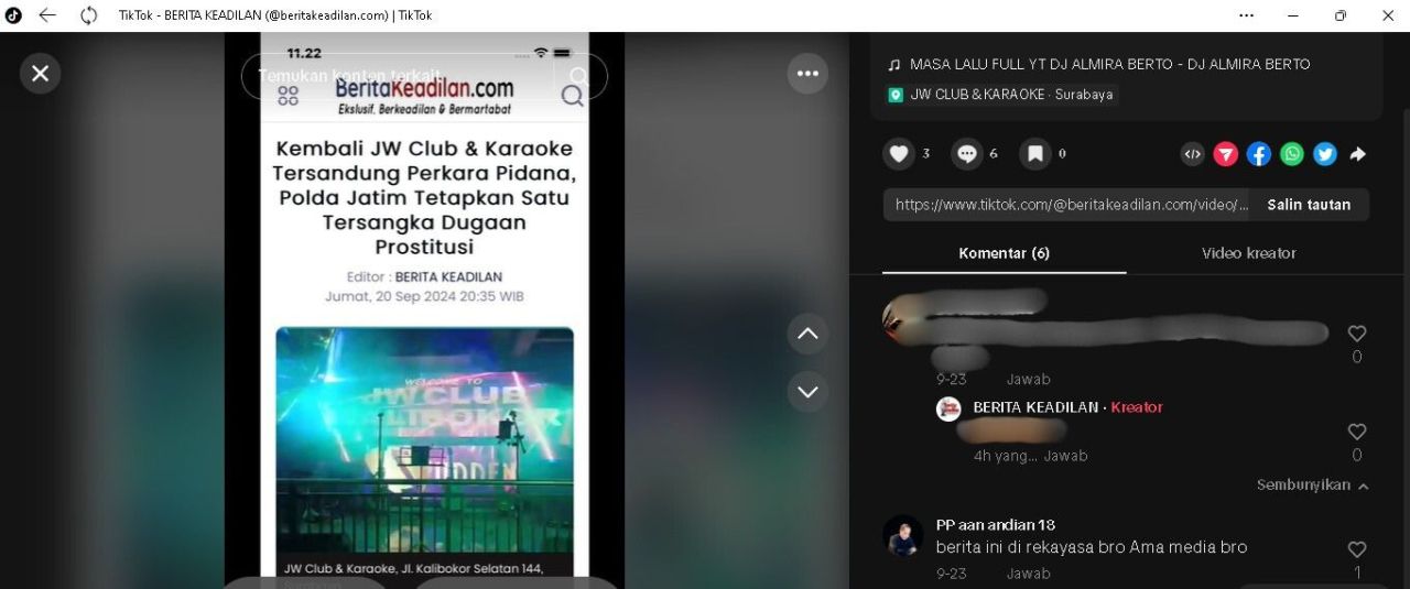 Penggerebekan Dugaan TPPO di JW Club & Karaoke, Akun Tiktok 'PP Aan Andian 18': Berita Ini di Rekayasa Bro Ama Media Bro