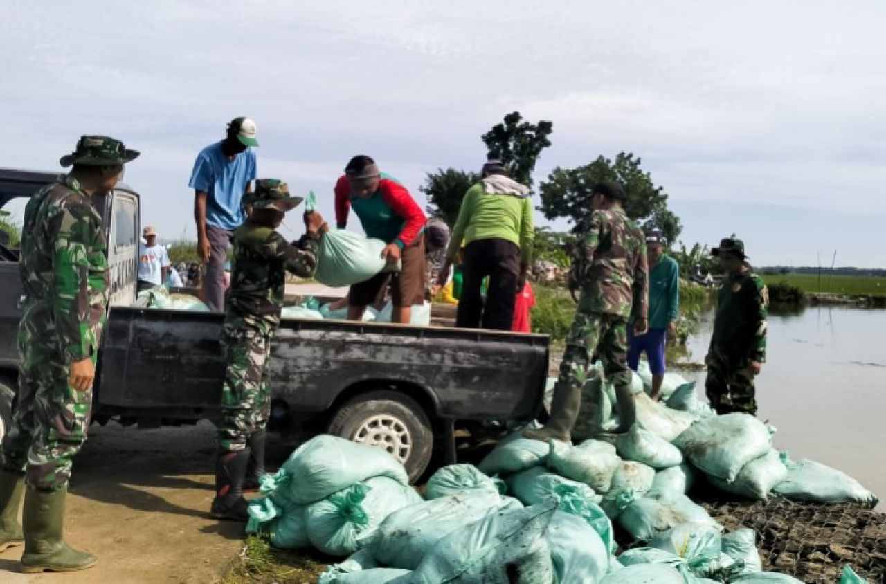 Semangat Juang Tak Kenal Lelah, Babinsa Kodim Bojonegoro dan Masyarakat Benahi Tanggul Jebol