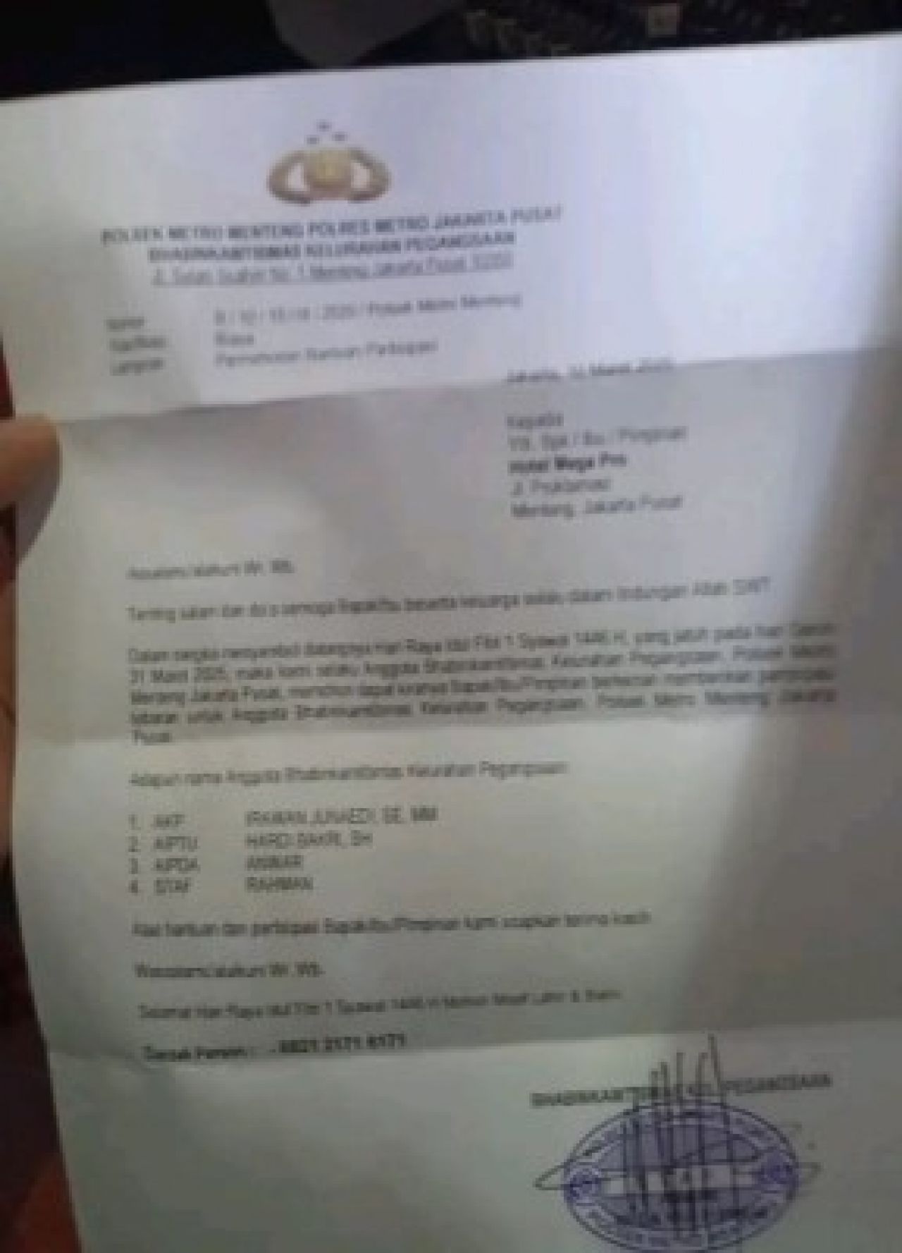 Viral Beredar Surat Minta THR, Tiga Anggota dan Seorang Staff Polsek Menteng Diperiksa Propam Polrestro Jakpus